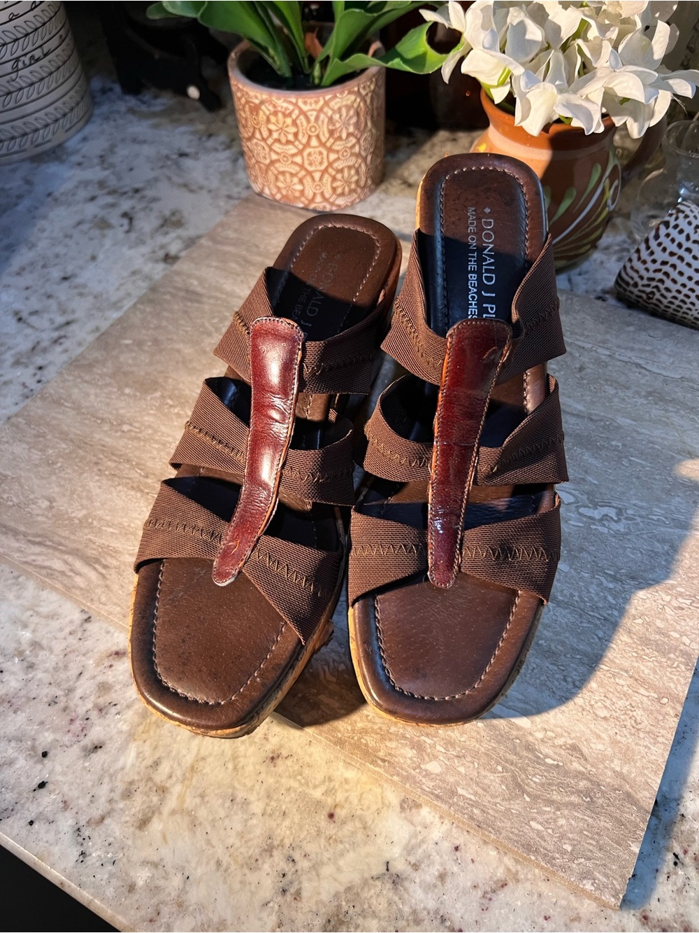 Donald J. Pliner Brown Leather & Fabric Slide wedge Sandals 7 1/2